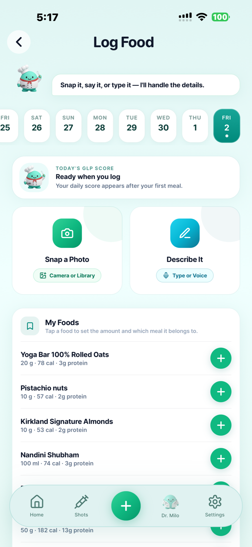 GLP Buddy food logging options for a photo, typed description or voice entry