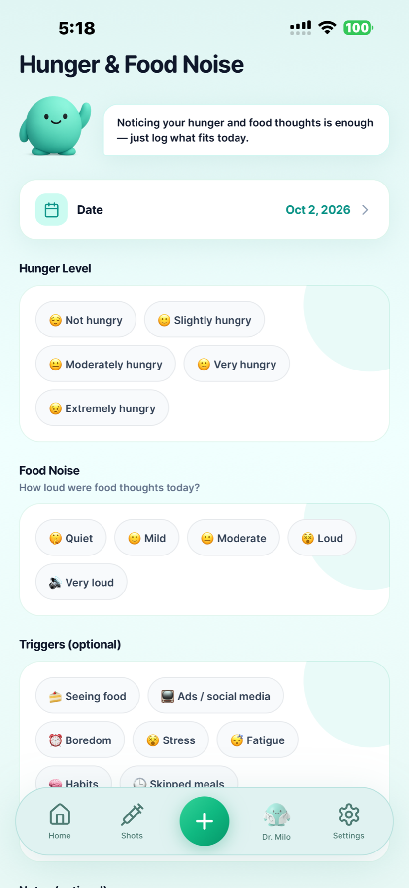 GLP Buddy daily hunger and food-noise check-ins with separate choices for each