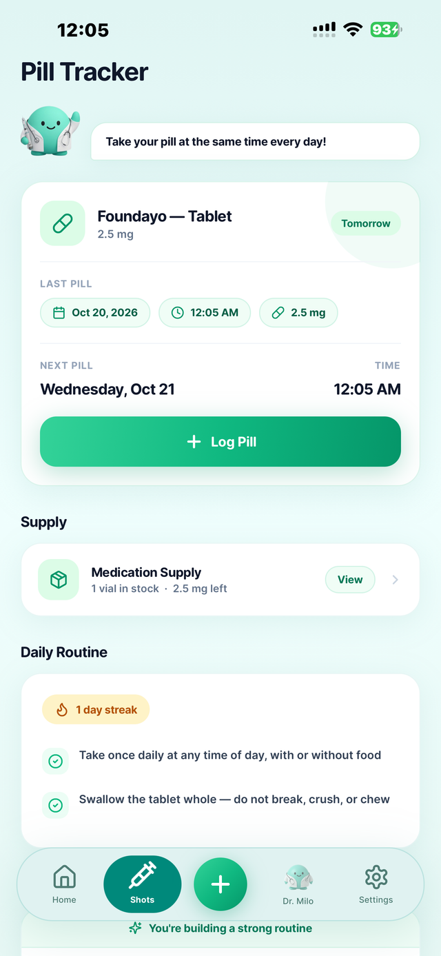 GLP Buddy Foundayo pill tracker showing a daily tablet record, next planned pill, medication supply and daily routine
