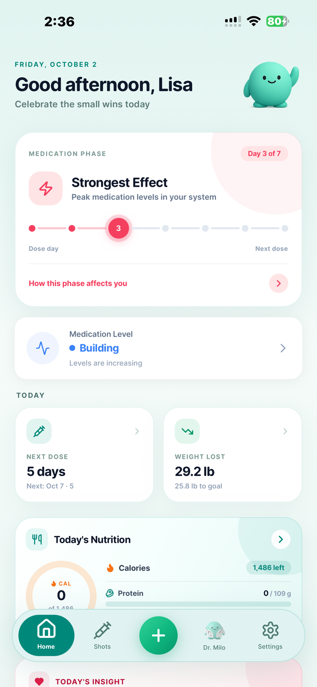 GLP Buddy home screen with medication phase, next dose, weight progress and nutrition