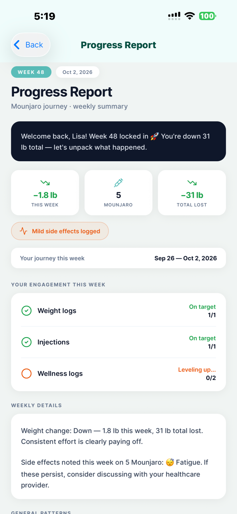 GLP Buddy weekly Mounjaro progress report with recorded weight change, injections and wellness entries