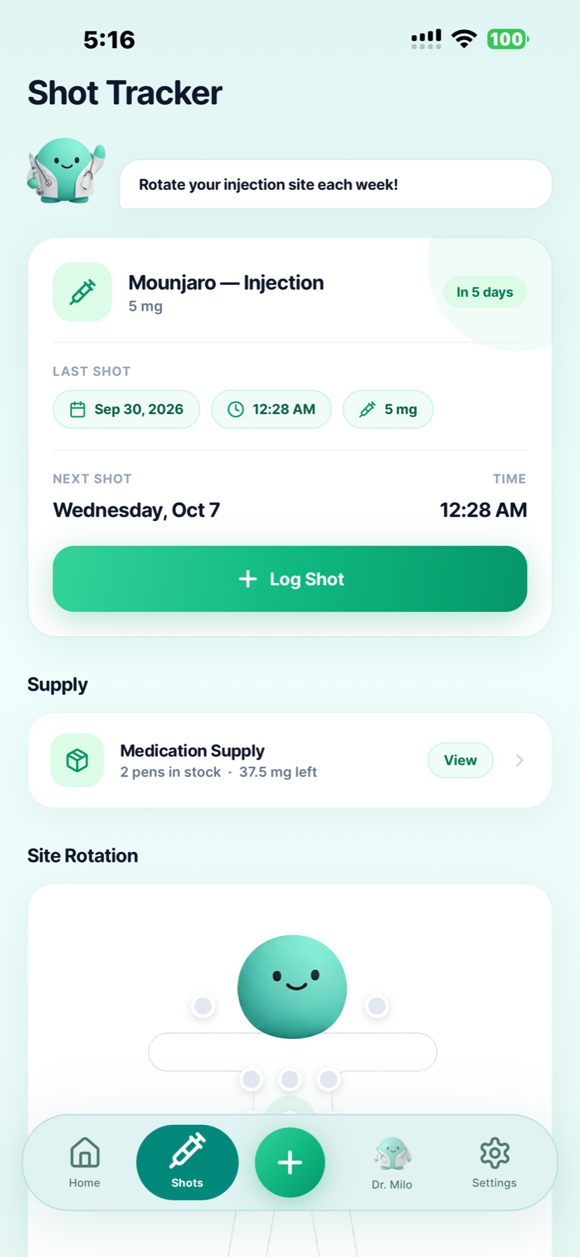 GLP Buddy shot tracker showing the last Mounjaro injection, next scheduled shot and medication supply