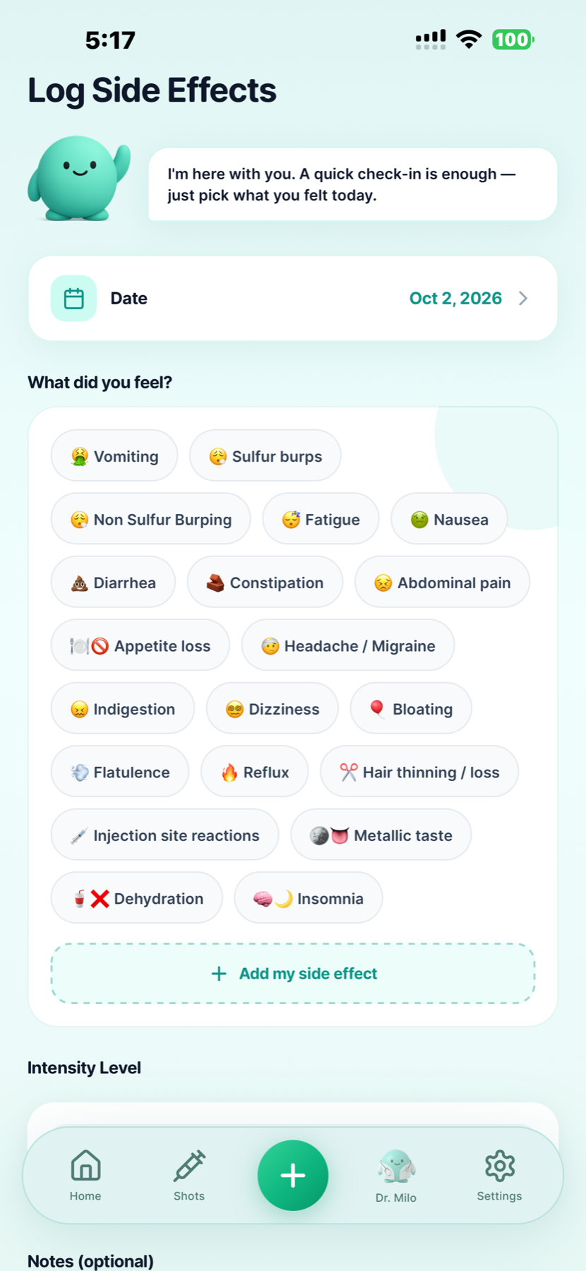 GLP Buddy side effect entry with symptom choices and intensity options